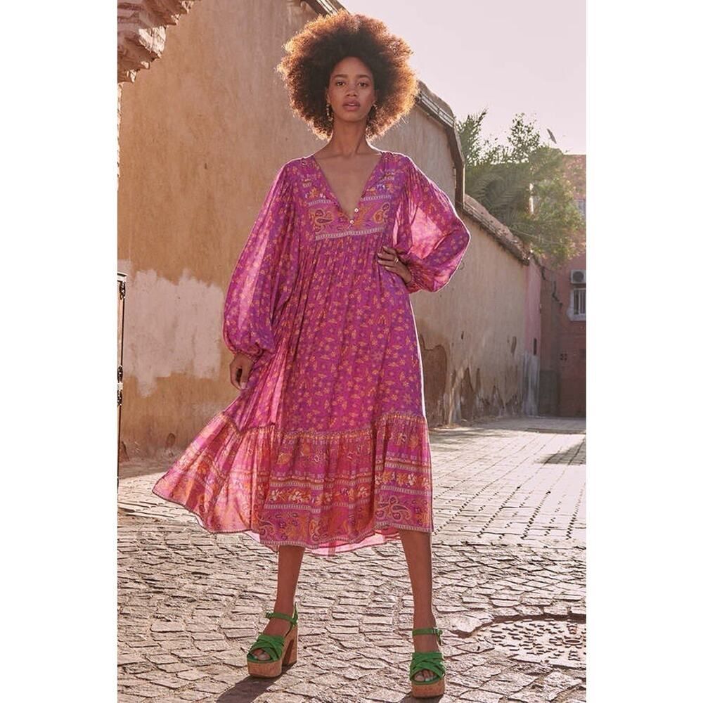 NWT Spell & The Gypsy Madame Peacock Boho Dress Boysenberry Pink Purple Maxi M